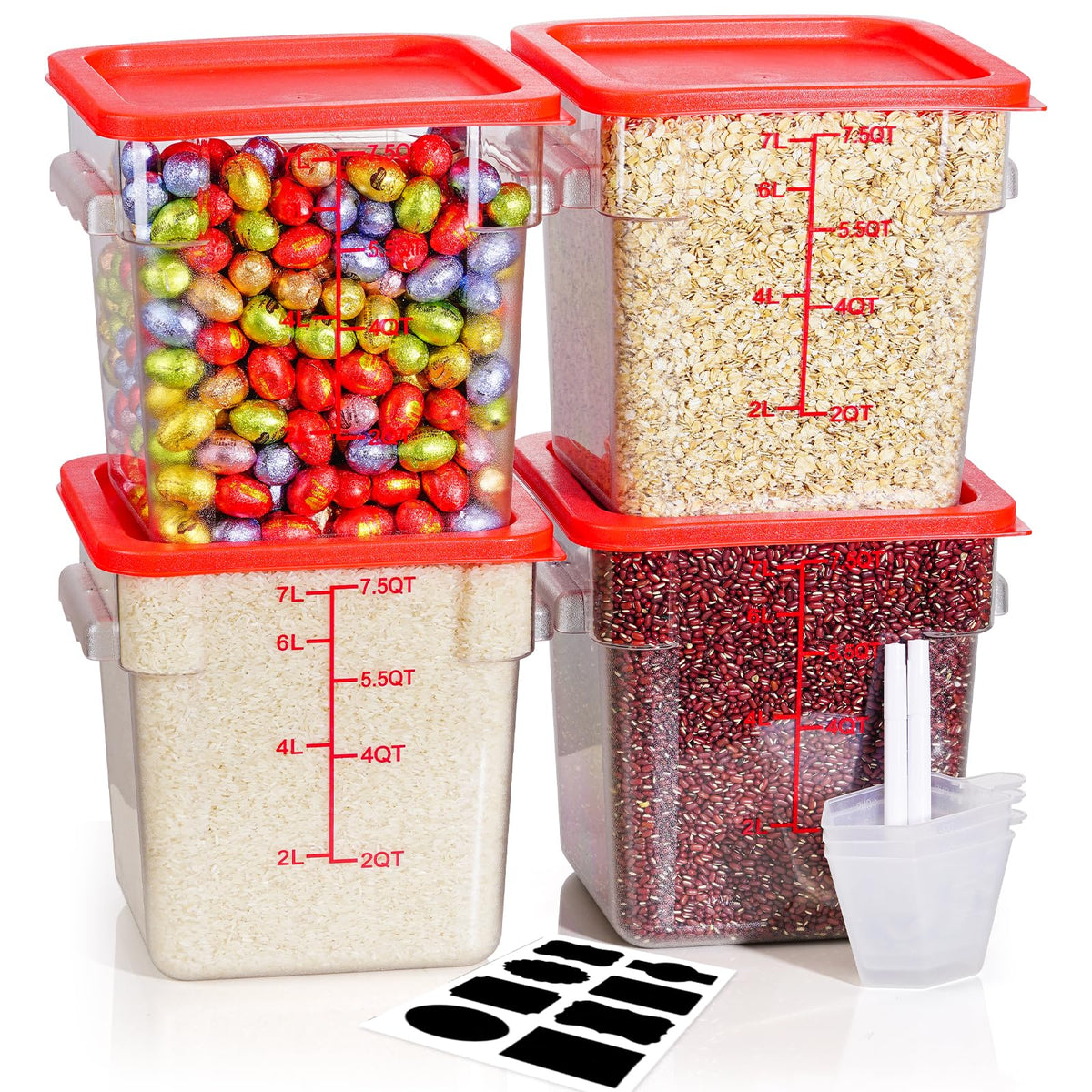 4QT 4PCS NSF Commercial Clear Food Storage Containers with Lids(RED)