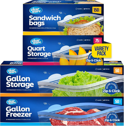 Clearware Zip N' Seal Bags - Variety Pack, 325 Bags - 150 Sandwich Bags, 75 Quart Bags, 50 Gallon Storage Bags, 50 Freezer Gallon Bags, For Food Storage, Freezer Bags, BPA Free