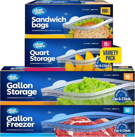 Clearware Zip N' Seal Bags - Variety Pack, 325 Bags - 150 Sandwich Bags, 75 Quart Bags, 50 Gallon Storage Bags, 50 Freezer Gallon Bags, For Food Storage, Freezer Bags, BPA Free