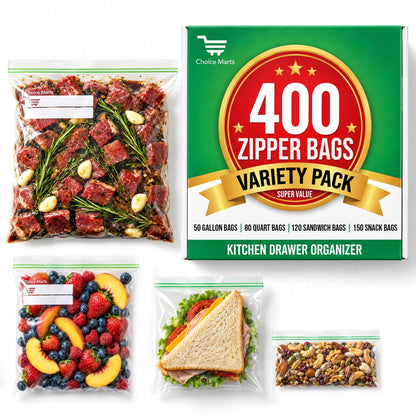 Baggies Variety Size Pack - 200 pcs, Leak Proof Freezer Bags