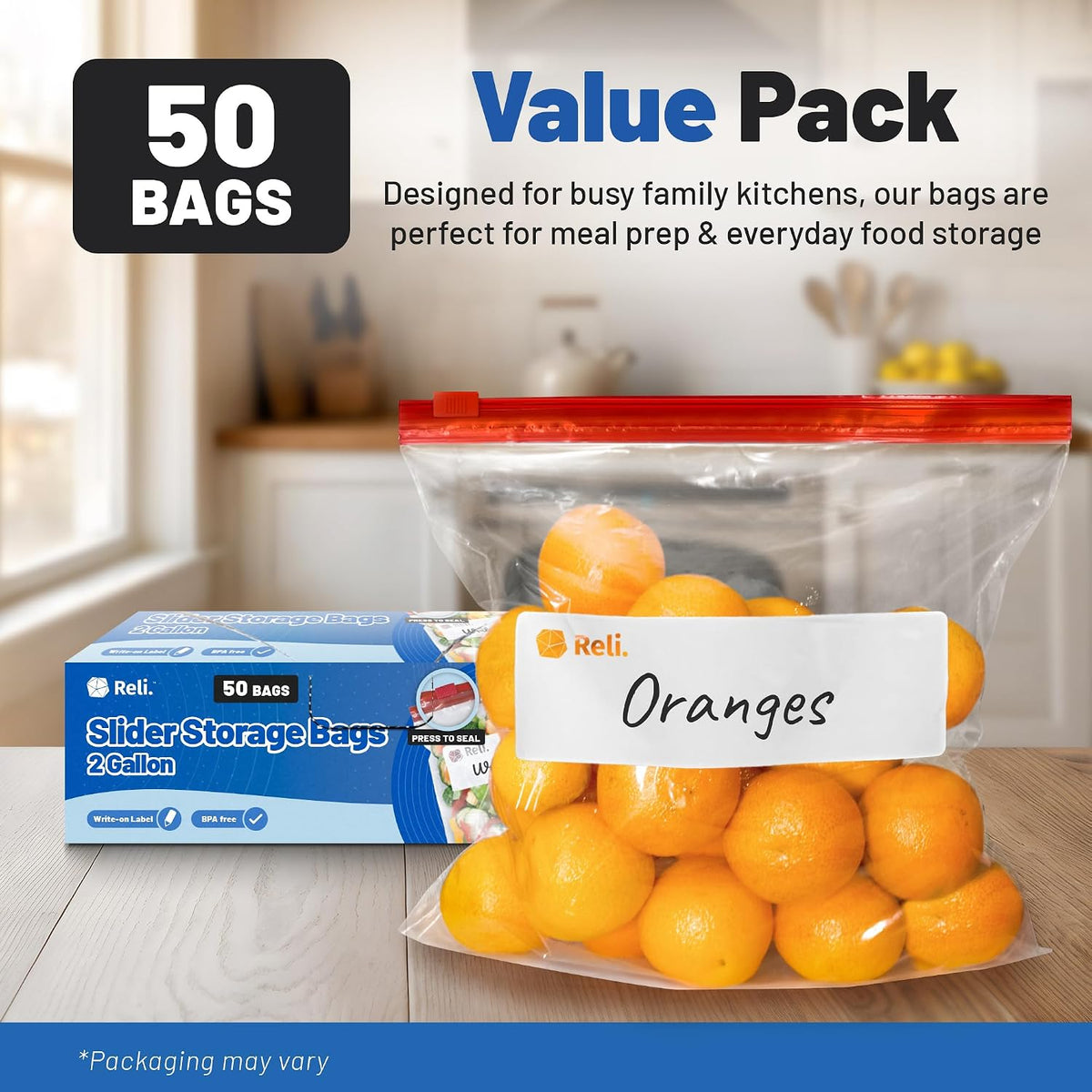 Reli. 2 Gallon Food Storage Bags (50pk) | Resealable Storage With Sliders