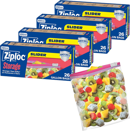Ziploc Slider Storage Bags with New Power Shield Technology, For Food, Sandwich, Organization and More, Gallon, 26 Count, Pack of 4 (104 Total Bags)