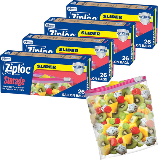 Ziploc Slider Storage Bags with New Power Shield Technology, For Food, Sandwich, Organization and More, Gallon, 26 Count, Pack of 4 (104 Total Bags)