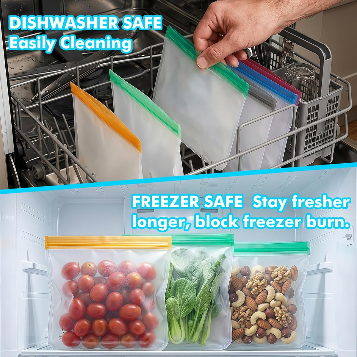 10 Pack Reusable Freezer Bags, Leakproof Reusable Silicone Food Storage Bags BPA Free Contaizers, Snack Sandwich Gallon Bags for Meal Prep, Marinate Meat, Salad Fruit, Veggies, Lunch, Travel, Kitchen
