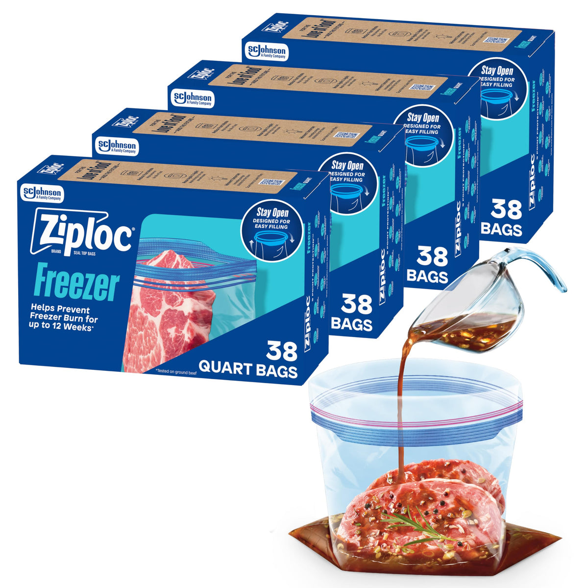 Ziploc Quart Food Storage Freezer Bags, Stand-Up Bottom, Easy to Fill, 24 Count