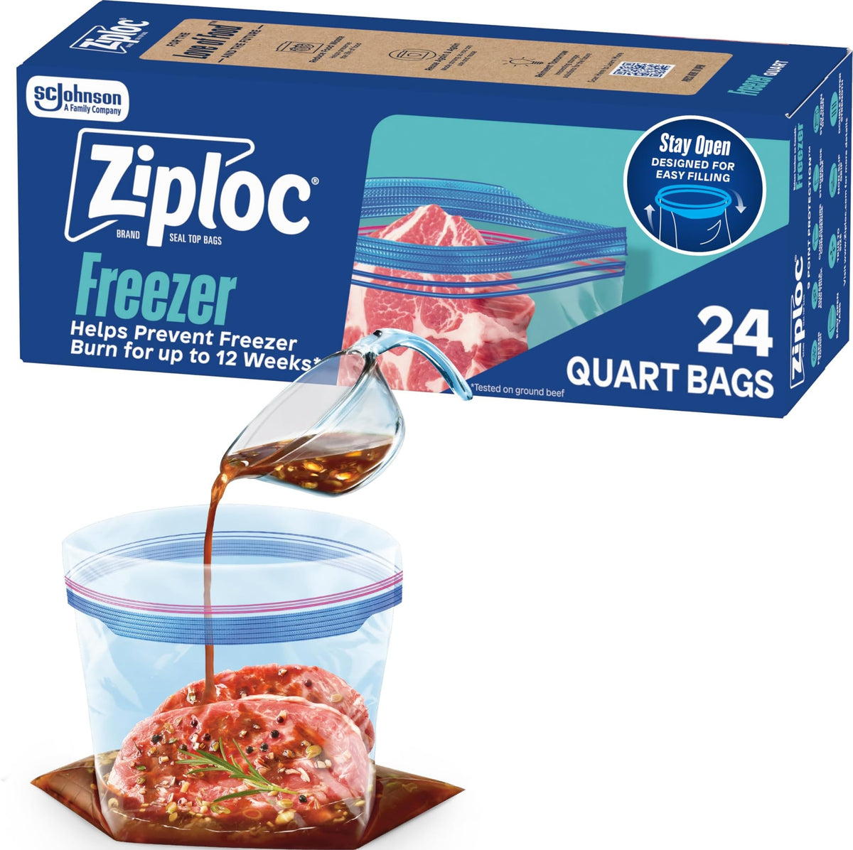 Ziploc Quart Food Storage Freezer Bags, Stand-Up Bottom, Easy to Fill, 24 Count