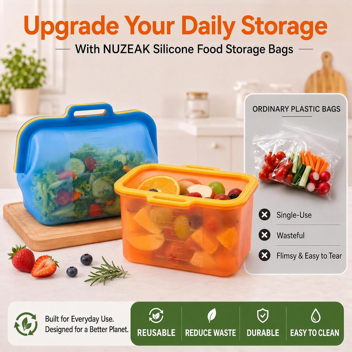 3 Pack Magnetic Seal Reusable Silicone Food Storage Bags, 68 fl oz, NUZEAK