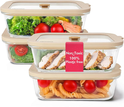 Non-Toxic Glass Food Containers with Lids, 4-Pack, 35 oz, Airtight, Beige