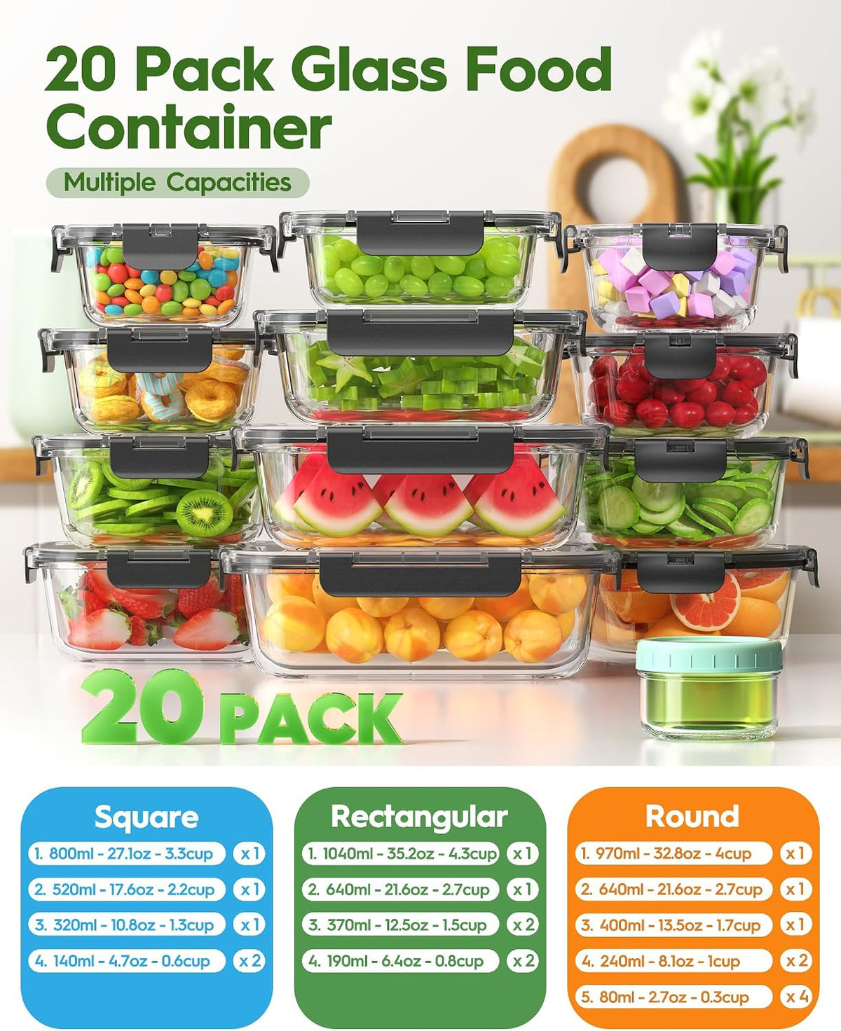 Canfanni 40 Piece Glass Food Storage Containers with Airtight Lids