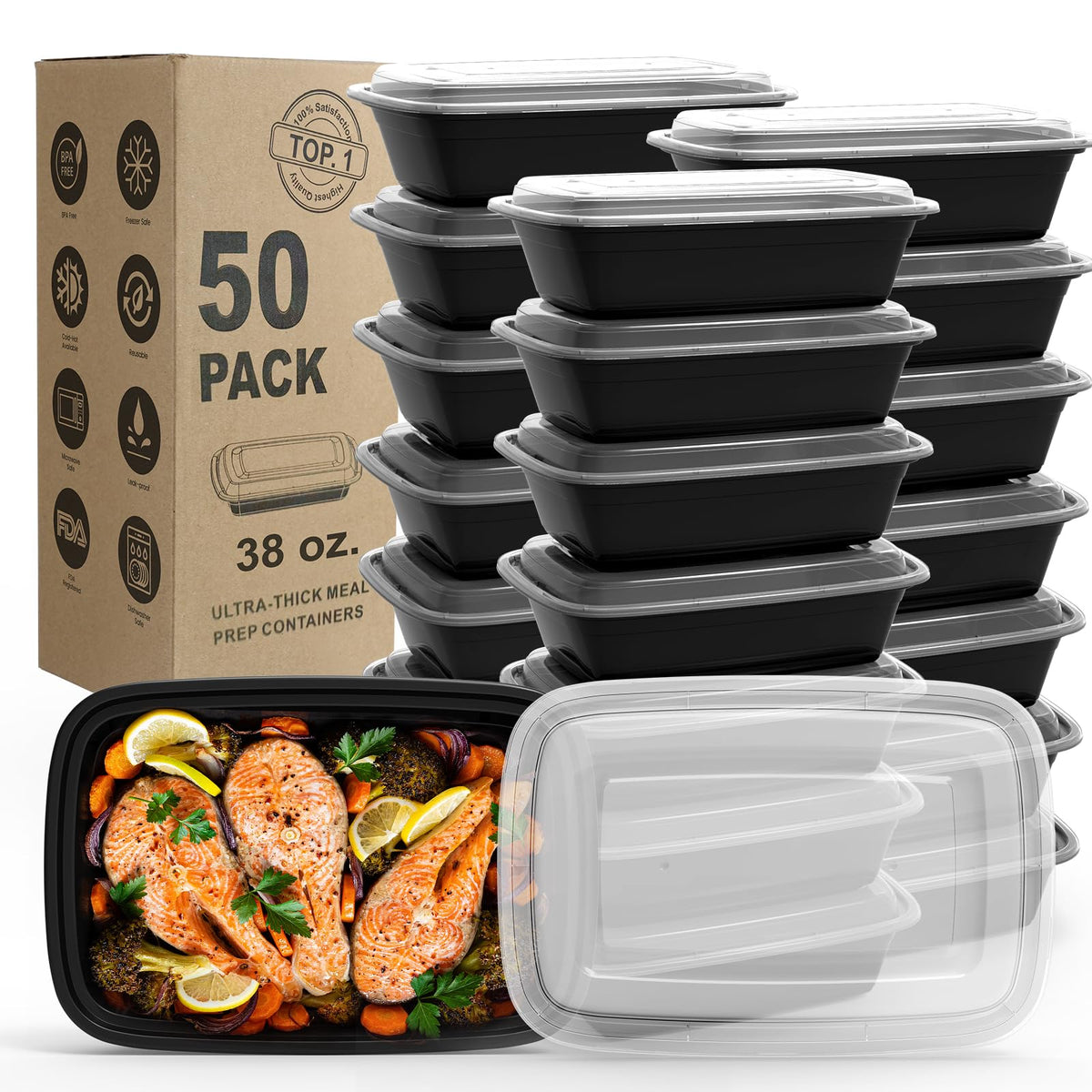Meal Prep Containers, 50 Pack Extra-thick Food Storage Containers with Lids, Disposable & Reusable Plastic Bento Lunch Box, BPA Free, Stackable, Microwave/Dishwasher/Freezer Safe (24 oz)
