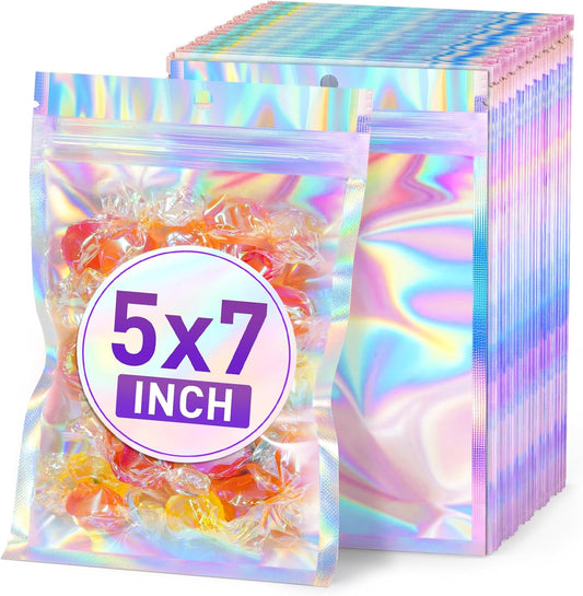 ANZNKU Holographic Bags 5x7 Mylar Bags Resealable 50PCS, Smell Proof Goodie Snack Candy Jewelry Gift Pouches for Small Business Party Favor Bead Storage, Small Plastic Baggies for Halloween Christmas