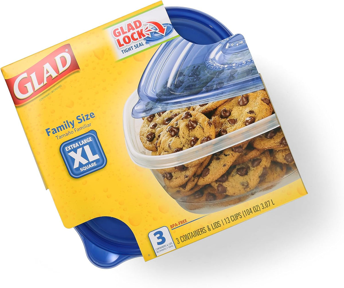 Glad GladWare XL Square Food Storage Containers, 104 Oz, 3 Count