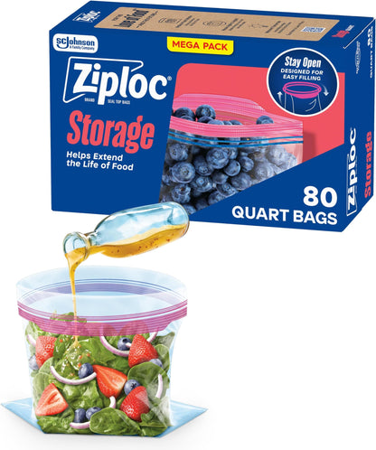 Ziploc Storage Bags, For Food, Sandwich, Organization and More, Smart Zipper Plus Seal, Quart, 80 Count, Clear (665021)