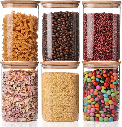 Liuruiyu 6 Pack Glass Food Storage Jars 37 oz,Glass Storage Containers Clear Glass Food Canister with Bamboo Lid Airtight For Serving Tea, Coffee, Flour, Sugar, Candy, Cookie, Spice and More (Square)
