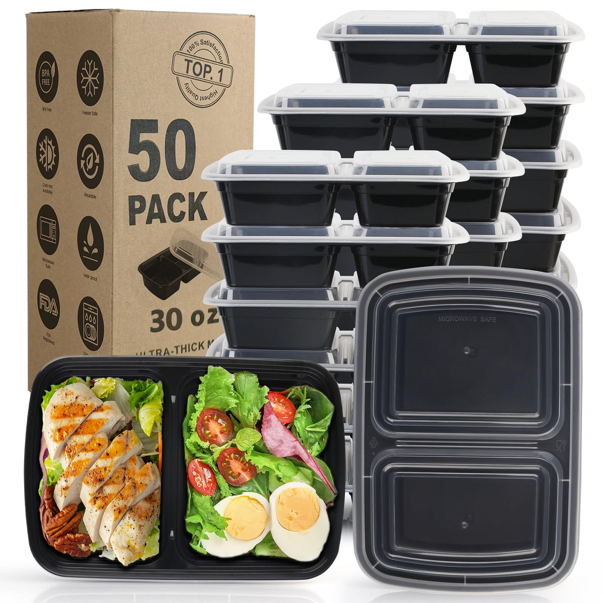 Meal Prep Containers, 50 Pack Extra-thick Food Storage Containers with Lids, Disposable & Reusable Plastic Bento Lunch Box, BPA Free, Stackable, Microwave/Dishwasher/Freezer Safe (24 oz)