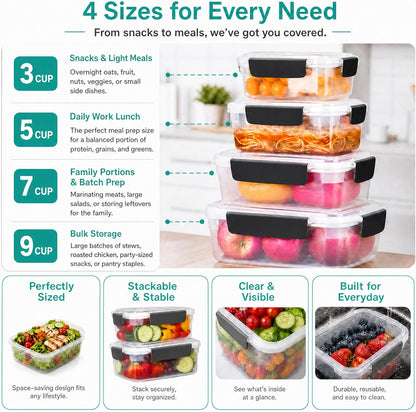 YORY 5cup Plastic Food Storage Containers With Lids For Lunch Meal Prep,5pk