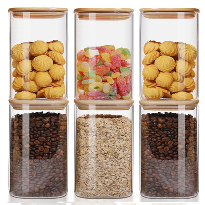 Liuruiyu 6 Pack Glass Food Storage Jars 37 oz,Glass Storage Containers Clear Glass Food Canister with Bamboo Lid Airtight For Serving Tea, Coffee, Flour, Sugar, Candy, Cookie, Spice and More (Square)