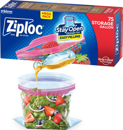 Ziploc Gallon Food Storage Bags, Stay Open Design with Stand-Up Bottom, Easy to Fill, 75 Count