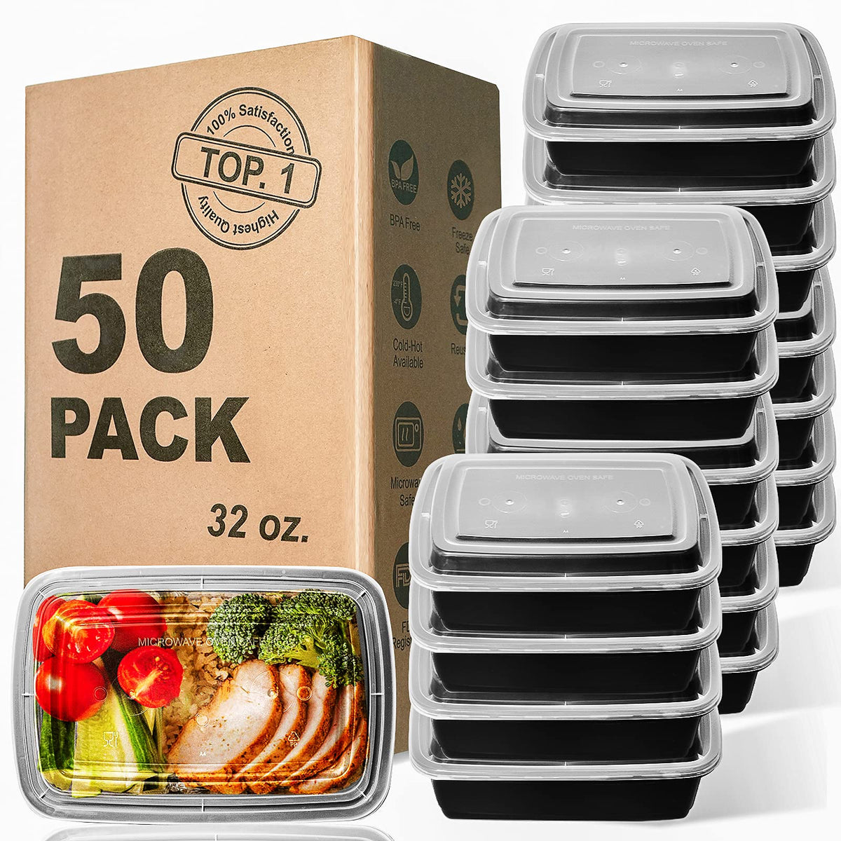Meal Prep Containers, 50 Pack Extra-thick Food Storage Containers with Lids, Disposable & Reusable Plastic Bento Lunch Box, BPA Free, Stackable, Microwave/Dishwasher/Freezer Safe (24 oz)