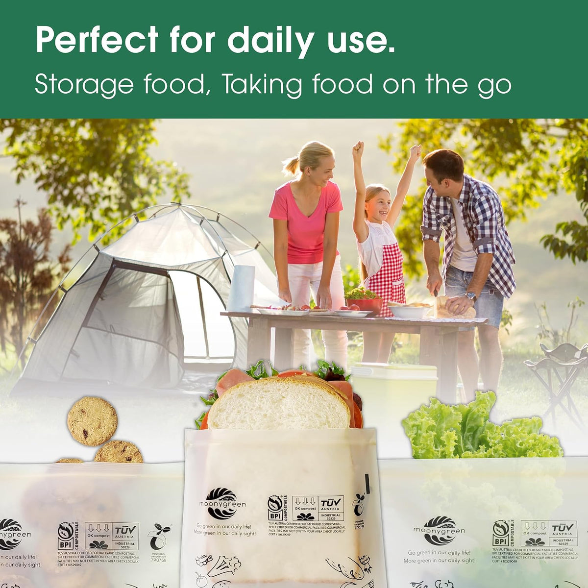 Compostable Food Storage Bags, Large Gallon Resealable Freezer Bags, 50 Count, 10.5 x 10.6 inches, PFAS & BPA FREE, Certified US BPI ASTM D6400 Europe OK Compost