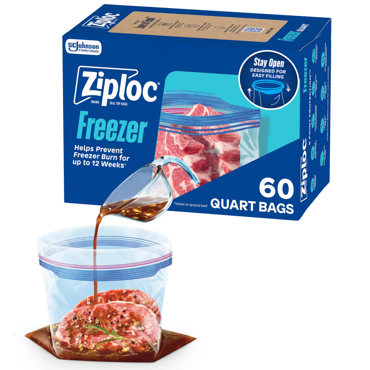 Ziploc Quart Food Storage Freezer Bags, Stand-Up Bottom, Easy to Fill, 24 Count