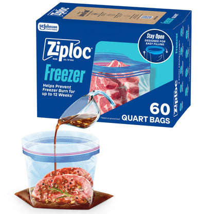 Ziploc Quart Freezer Bags, Food Storage, Stand-Up Bottom, 60 Count