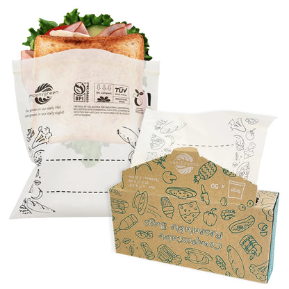 Compostable Food Storage Bags, Large Gallon Resealable Freezer Bags, 50 Count, 10.5 x 10.6 inches, PFAS & BPA FREE, Certified US BPI ASTM D6400 Europe OK Compost