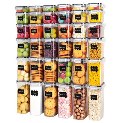 24 PCS Airtight Food Storage Containers with Lids, Plastic Kitchen and Organization Canisters for Cereal, Dry Food, Flour and Sugar, BPA-Free, PVC-Free, Includes 24 Black Labels & Marker