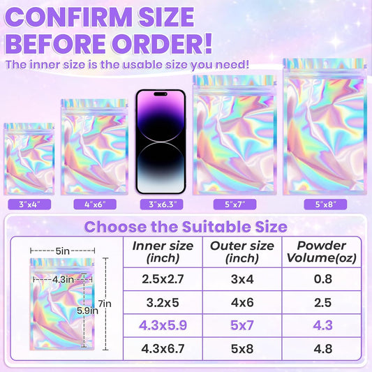 ANZNKU Holographic Bags 5x7 Mylar Bags Resealable 50PCS, Smell Proof Goodie Snack Candy Jewelry Gift Pouches for Small Business Party Favor Bead Storage, Small Plastic Baggies for Halloween Christmas