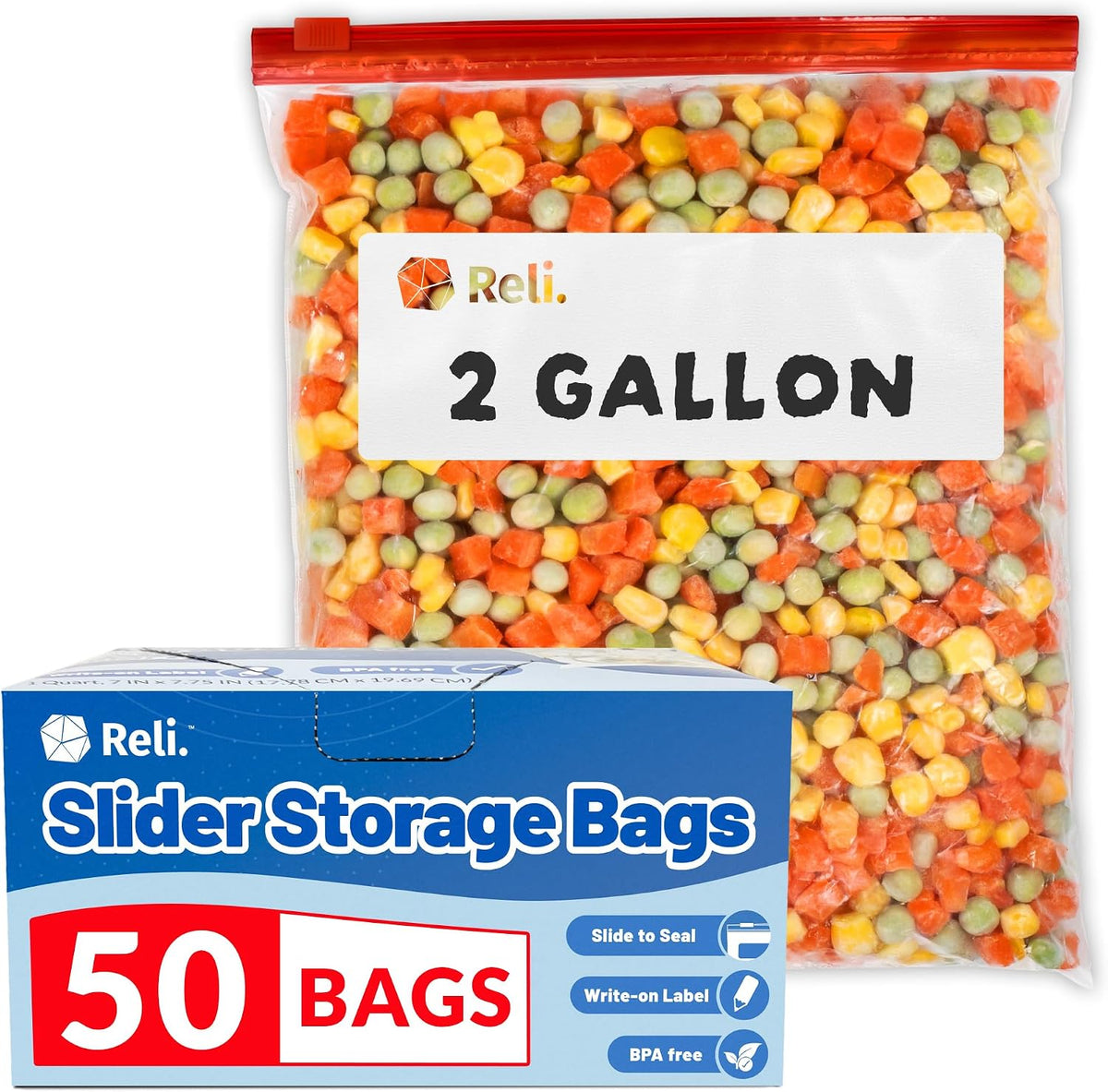 Reli. 2 Gallon Food Storage Bags (50pk) | Resealable Storage With Sliders
