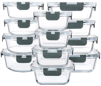 M MCIRCO 24 Piece Glass Food Storage Containers with Lids,Gray