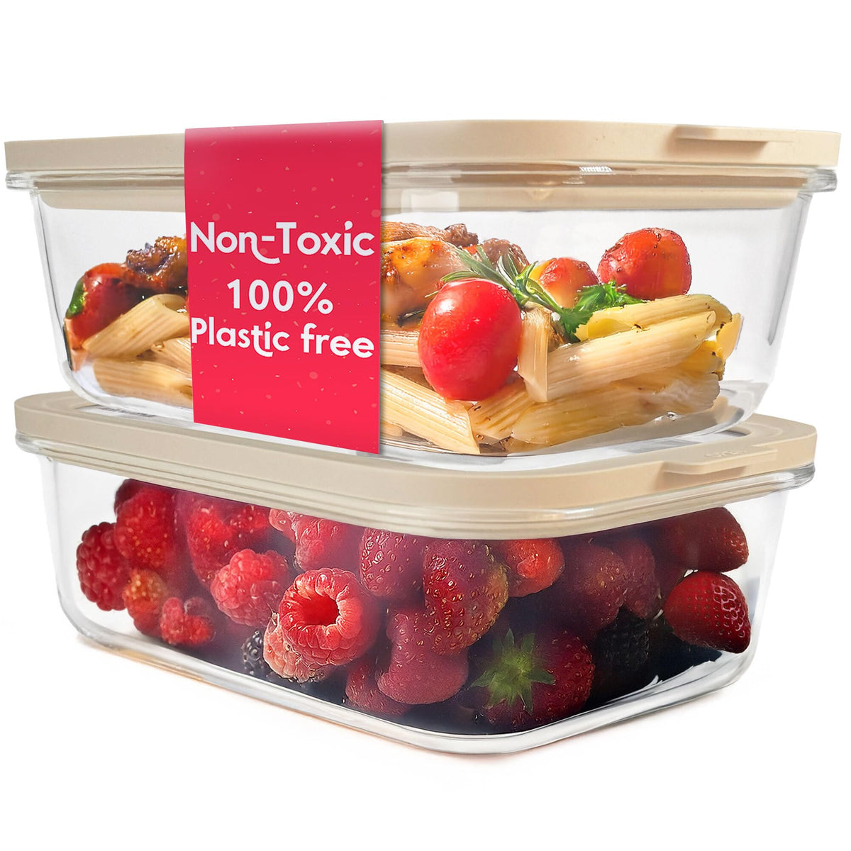 Non-Toxic Glass Food Containers with Lids, 4-Pack, 35 oz, Airtight, Beige