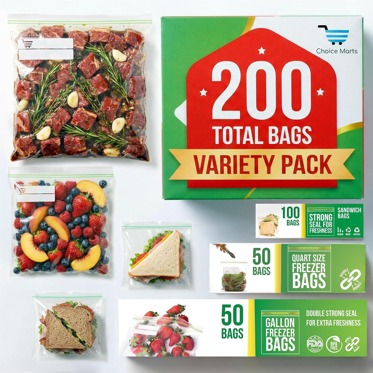Baggies Variety Size Pack - 200 pcs, Leak Proof Freezer Bags