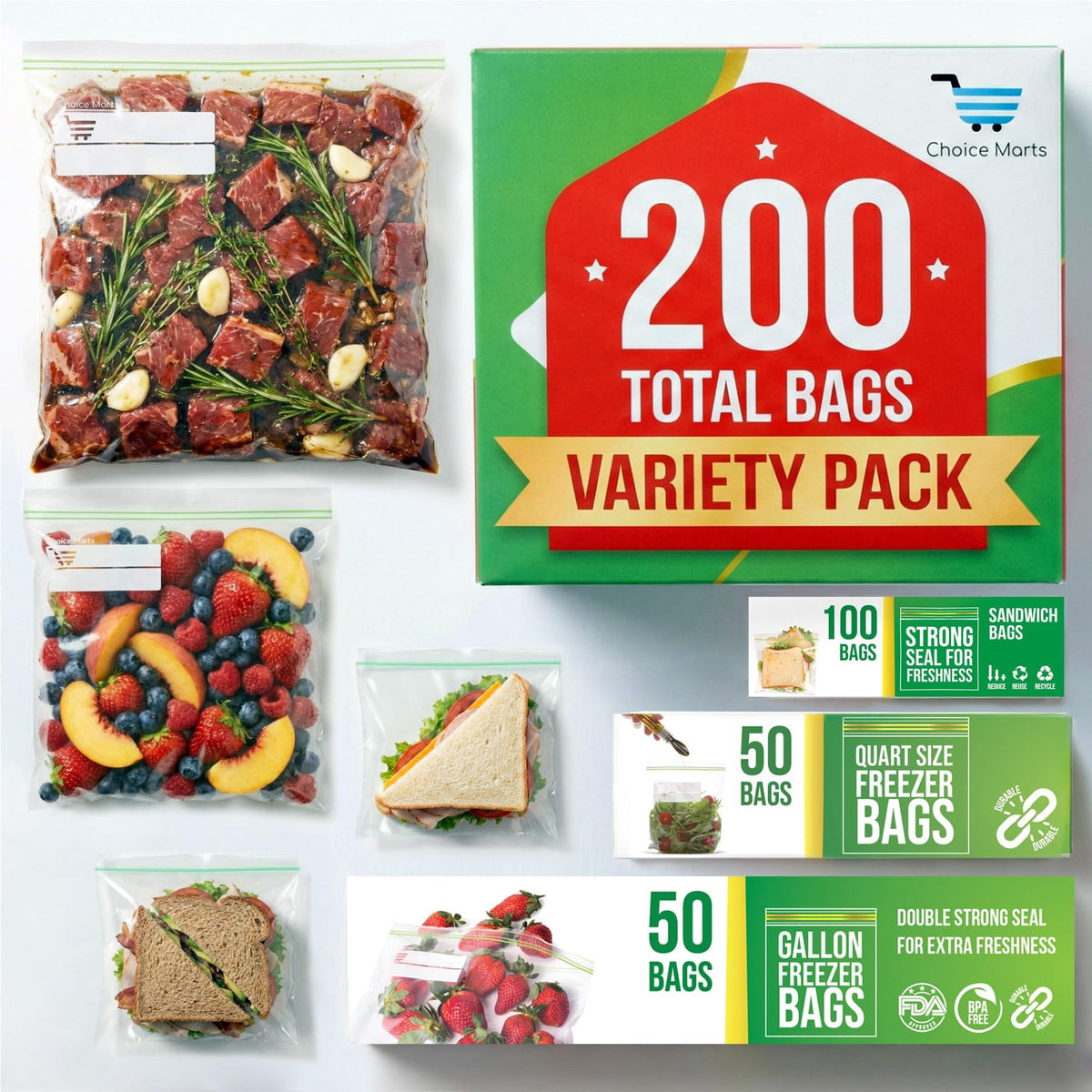 Baggies Variety Size Pack - 200 pcs, Leak Proof Freezer Bags