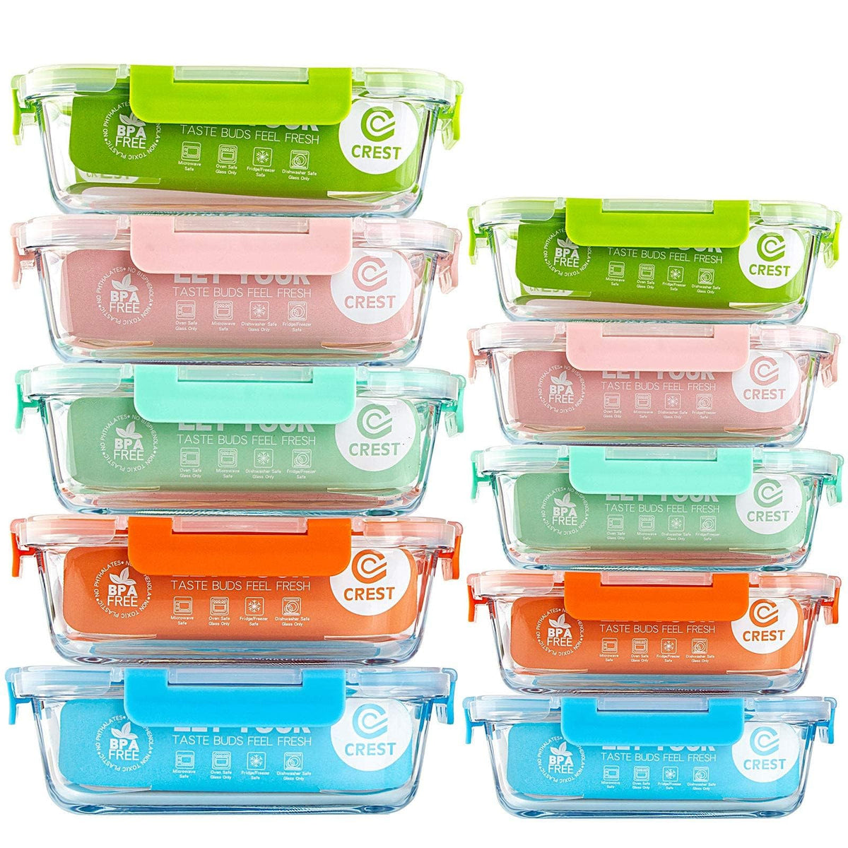 C CREST [10 Pack] Glass Meal Prep Containers, Food Storage Containers with Lids Airtight, Glass Lunch Boxes, Microwave, Oven, Freezer and Dishwasher Safe