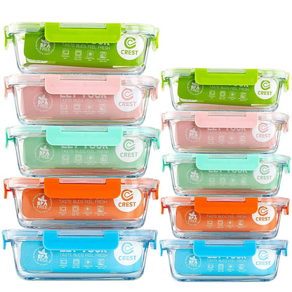 C CREST [10 Pack] Glass Meal Prep Containers, Food Storage Containers with Lids Airtight, Glass Lunch Boxes, Microwave, Oven, Freezer and Dishwasher Safe