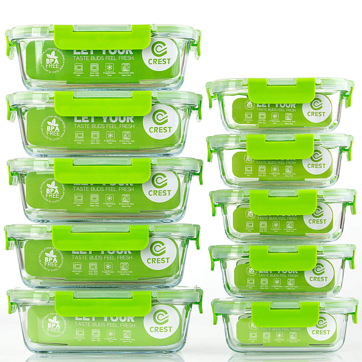 C CREST [10 Pack] Glass Meal Prep Containers, Food Storage Containers with Lids Airtight, Glass Lunch Boxes, Microwave, Oven, Freezer and Dishwasher Safe