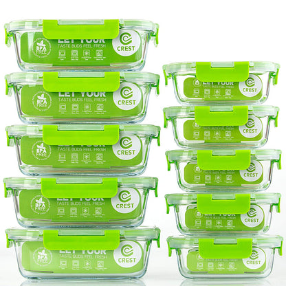 C CREST [10 Pack] Glass Meal Prep Containers, Food Storage Containers with Lids Airtight, Glass Lunch Boxes, Microwave, Oven, Freezer and Dishwasher Safe