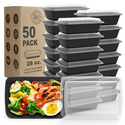 Meal Prep Containers, 50 Pack Extra-thick Food Storage Containers with Lids, Disposable & Reusable Plastic Bento Lunch Box, BPA Free, Stackable, Microwave/Dishwasher/Freezer Safe (24 oz)