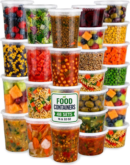 48 Sets Plastic Food Storage Deli Containers w/ Lids 16oz Pint & 32oz Quart