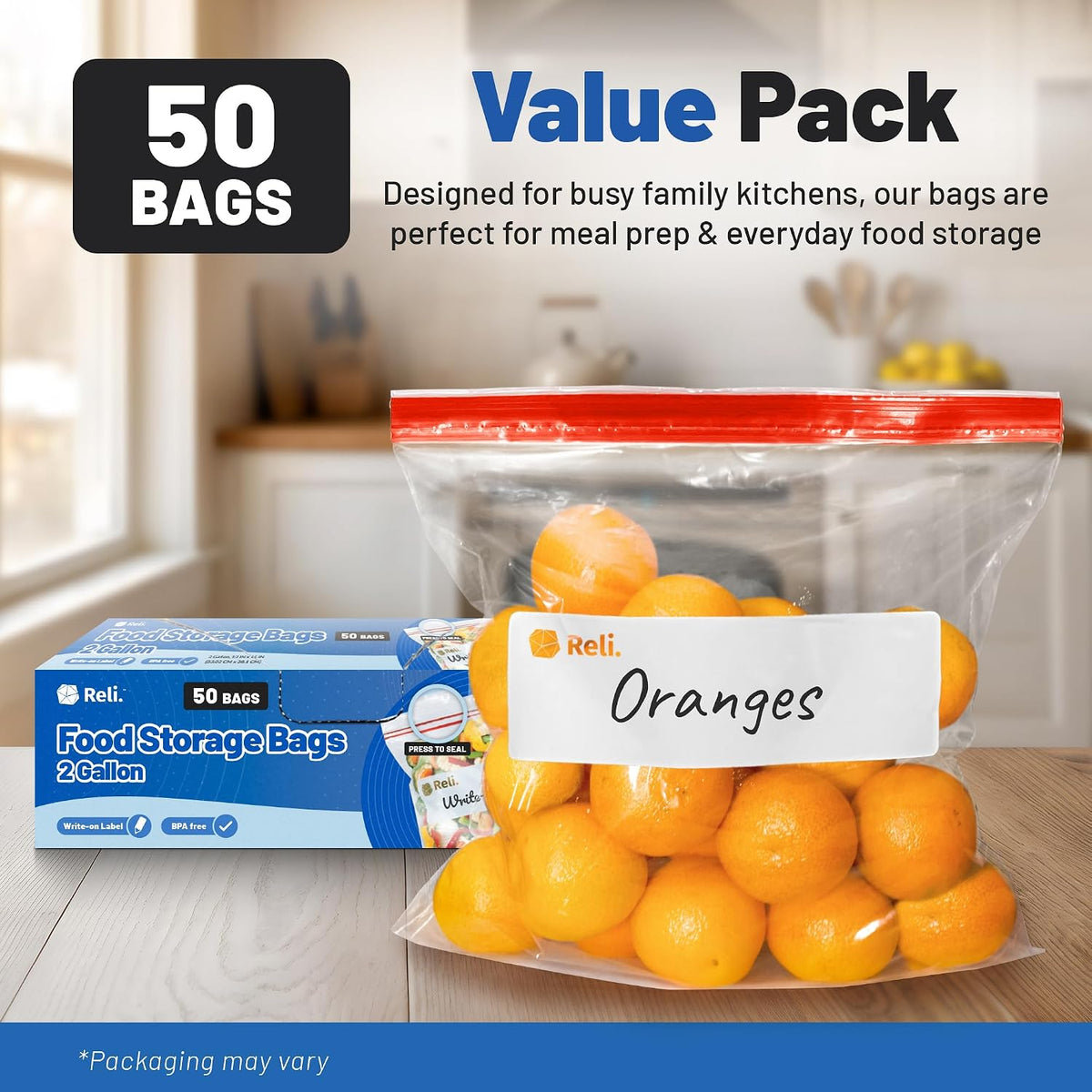 Reli. 2 Gallon Food Storage Bags (50pk) | Resealable Storage, 2 Gallon Size