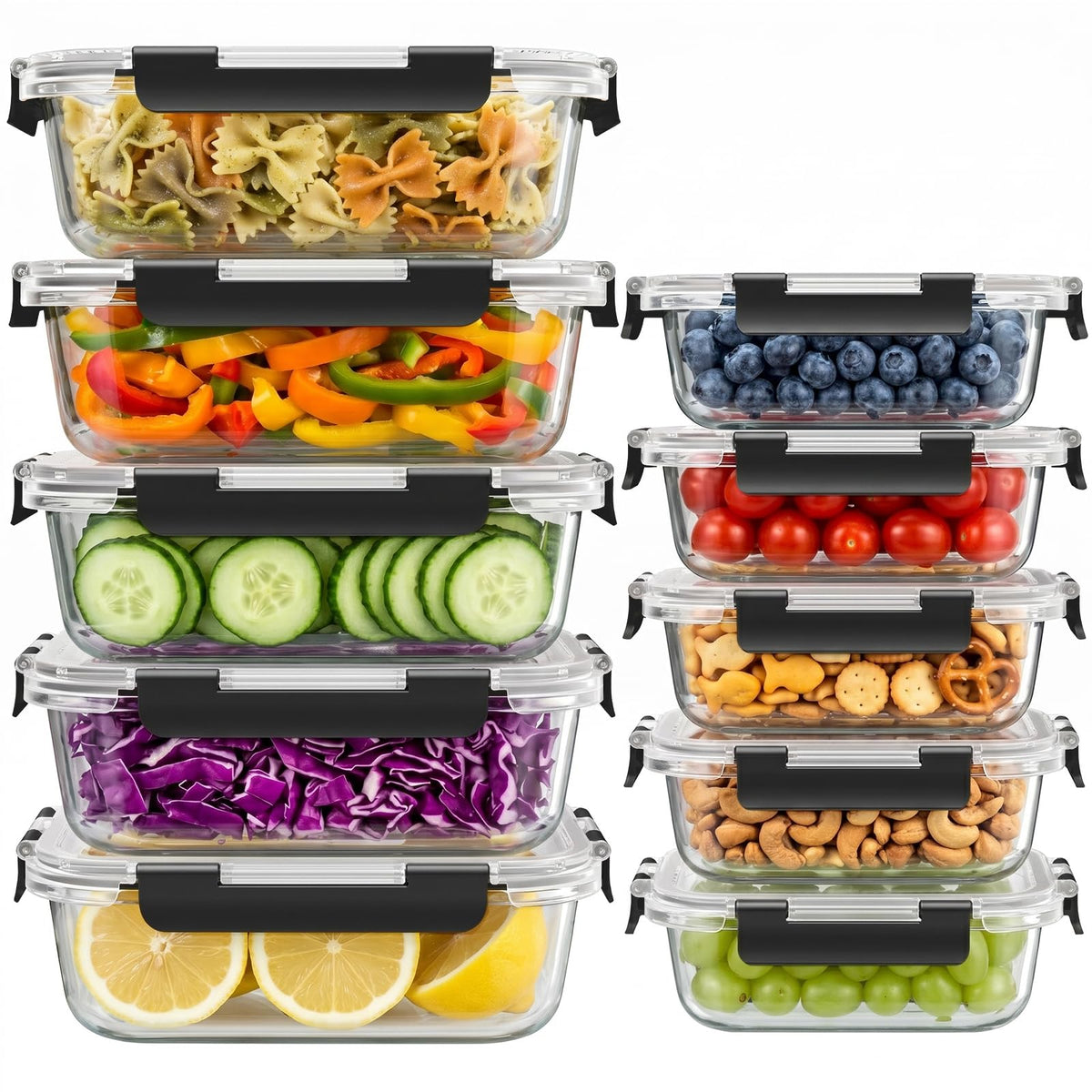 Dealusy 10 Sets 36 oz & 12 oz Glass Food Storage Containers with lids, Gray