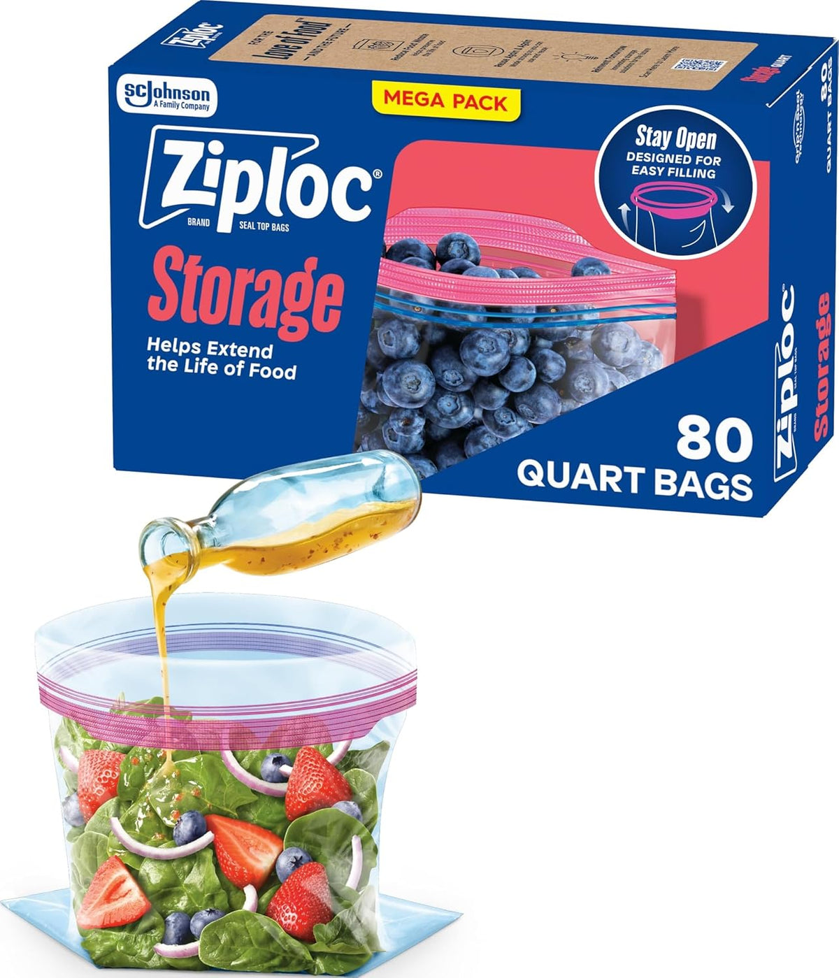 Ziploc Storage Bags, For Food, Sandwich, Organization and More, Smart Zipper Plus Seal, Quart, 80 Count, Clear (665021)