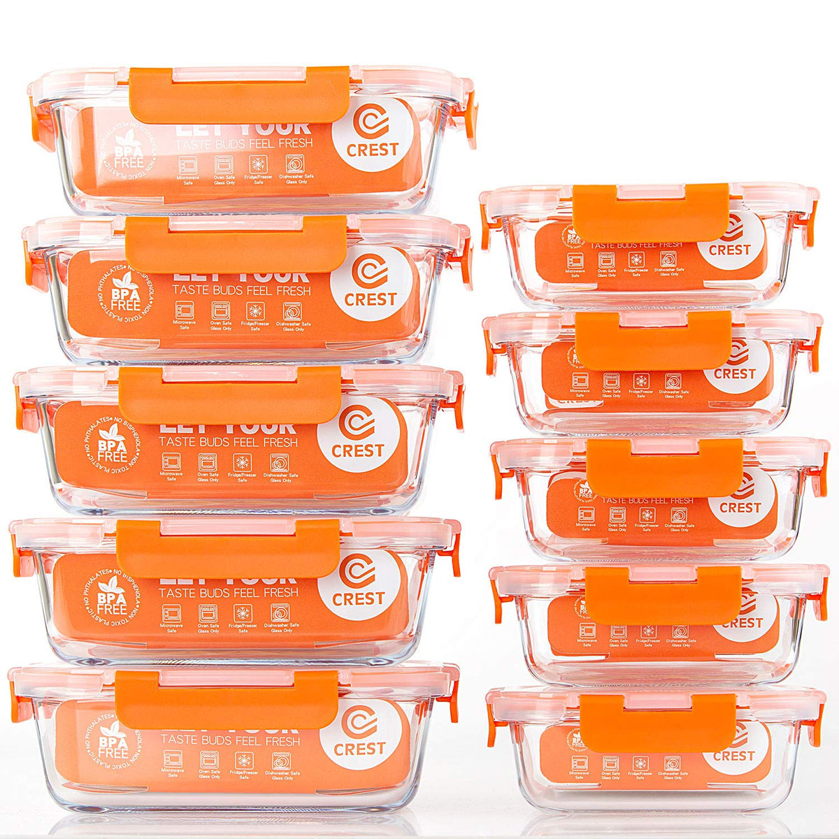 C CREST [10 Pack] Glass Meal Prep Containers, Food Storage Containers with Lids Airtight, Glass Lunch Boxes, Microwave, Oven, Freezer and Dishwasher Safe