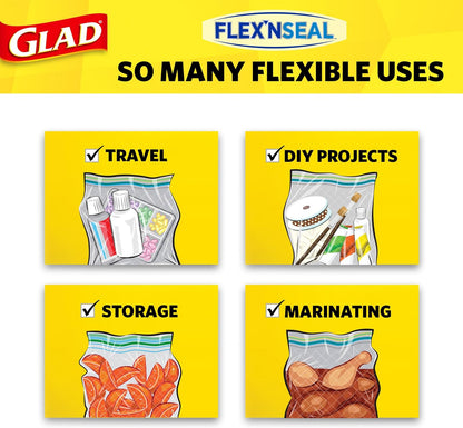 Glad Flex'N Seal Food Storage Plastic Bags, Quart, 38 count, Pack of 4 (Package May Vary)