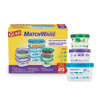 Glad GladWare MatchWare Food Storage Containers, 20 Piece Variety Pack