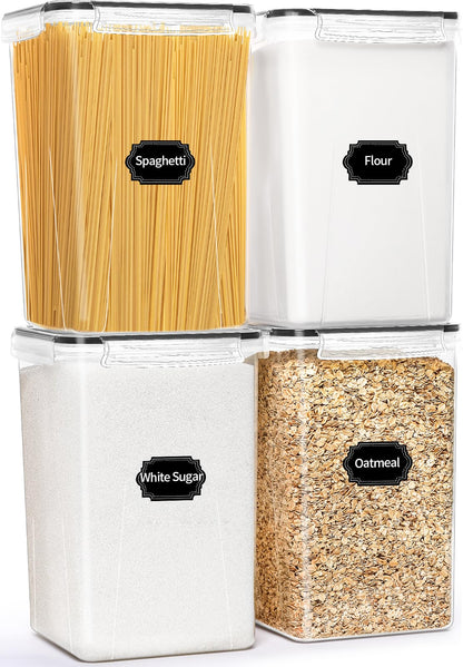 HKJ Chef 4 Pack Large Airtight Food Storage Containers with Lids (5.2L / 176oz), BPA Free Plastic Kitchen and Pantry Organization Contianers for Cereal Flour and Sugar Storage, Labels & Marker