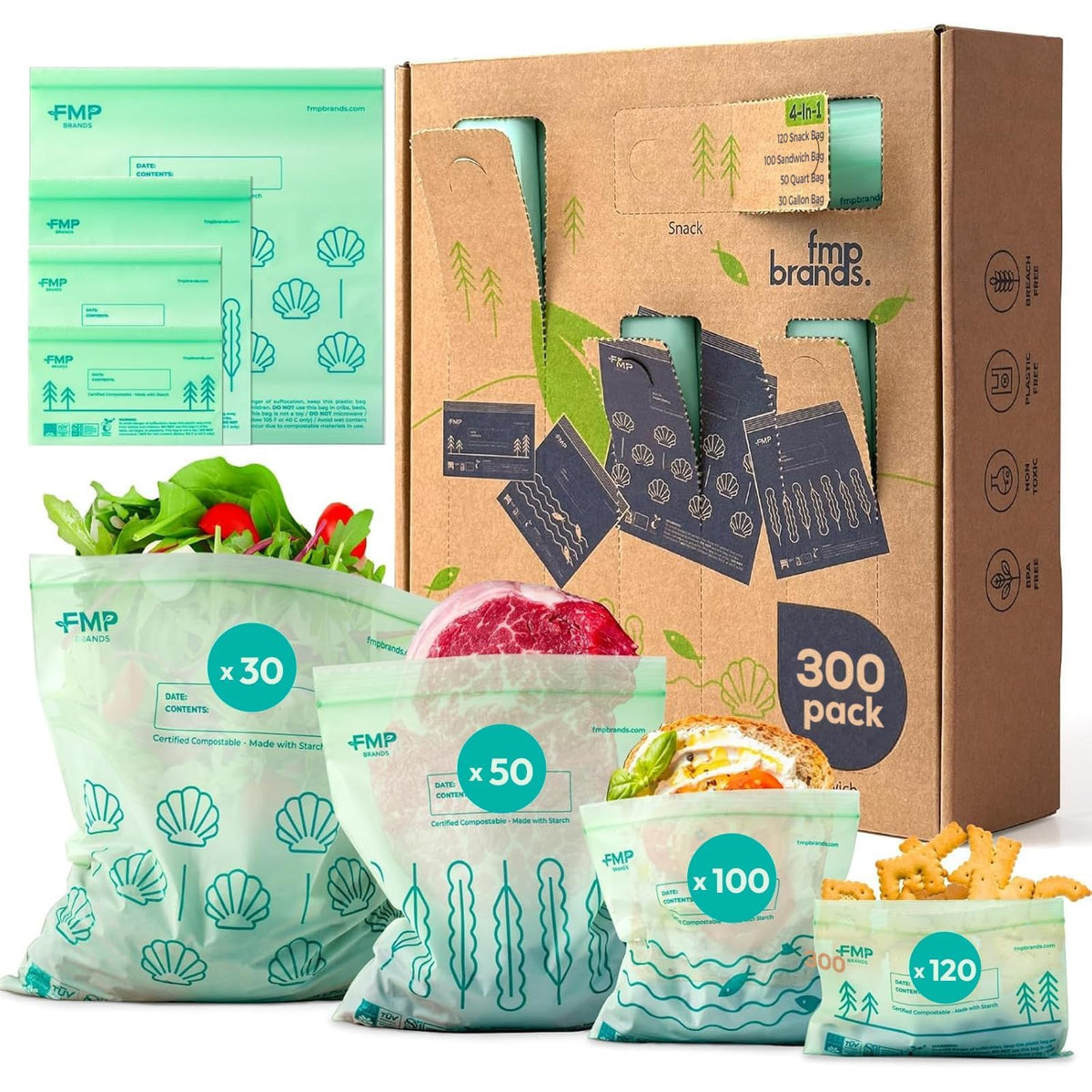 Fit Meal Prep 50 Pack 100% Compostable Food Storage Bags, 7 x 8" Resealable Freezer Bags Quart Size for Meat, Fruits, Plant-Based Sandwich Bag, ASTM D6400, US BPI & EU OK Compost Certified