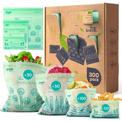 Fit Meal Prep 50 Pack 100% Compostable Food Storage Bags, 7 x 8" Resealable Freezer Bags Quart Size for Meat, Fruits, Plant-Based Sandwich Bag, ASTM D6400, US BPI & EU OK Compost Certified