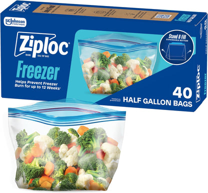 Ziploc Half Gallon Freezer Bags, Food Storage, Easy Open & Close, 40 Count